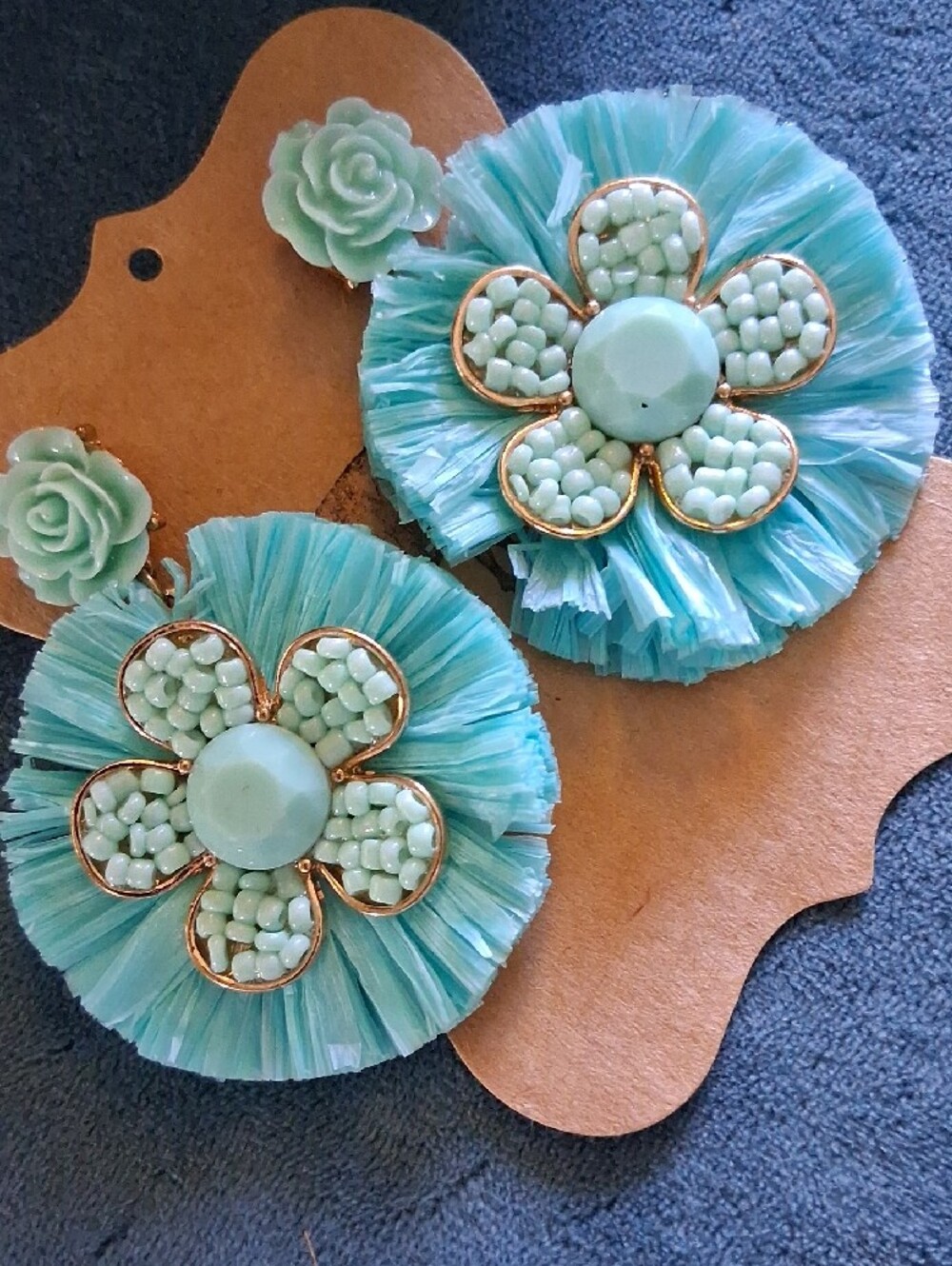 lonna & lilly Aqua Flower Raffia Drop Earrings with Resin Rose Studs - Picture 4 of 4
